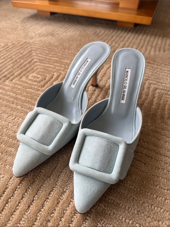 Manolo Blahnik Shoes - Manolo Blahnik Pale Blue Suede Pointed Buckle Mules